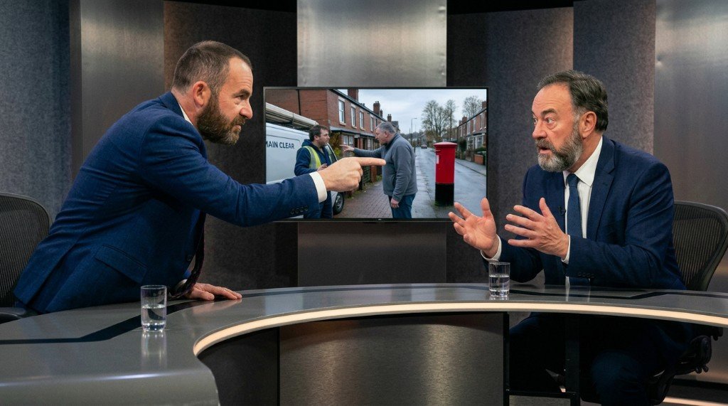 Two journalists discussing dashcam footage of a street confrontation on a British TV debate programme